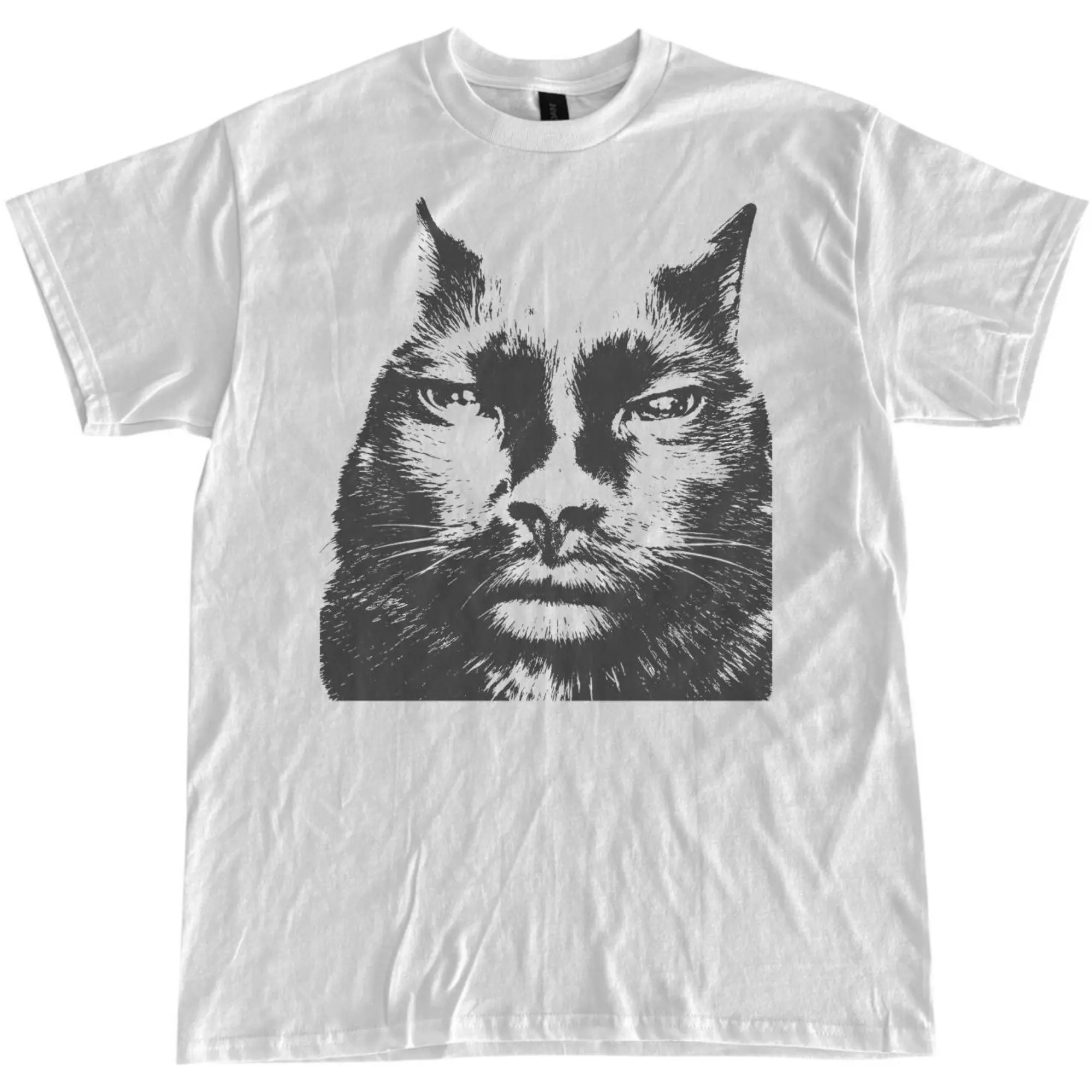 Funny Human Face Staring Black Cat Graphic T-Shirt, Distressed Cursed Cat Meme High Contrast Portrait Stencil Print, Internet Culture, Unisex White Heavyweight Streetwear Tee Gift