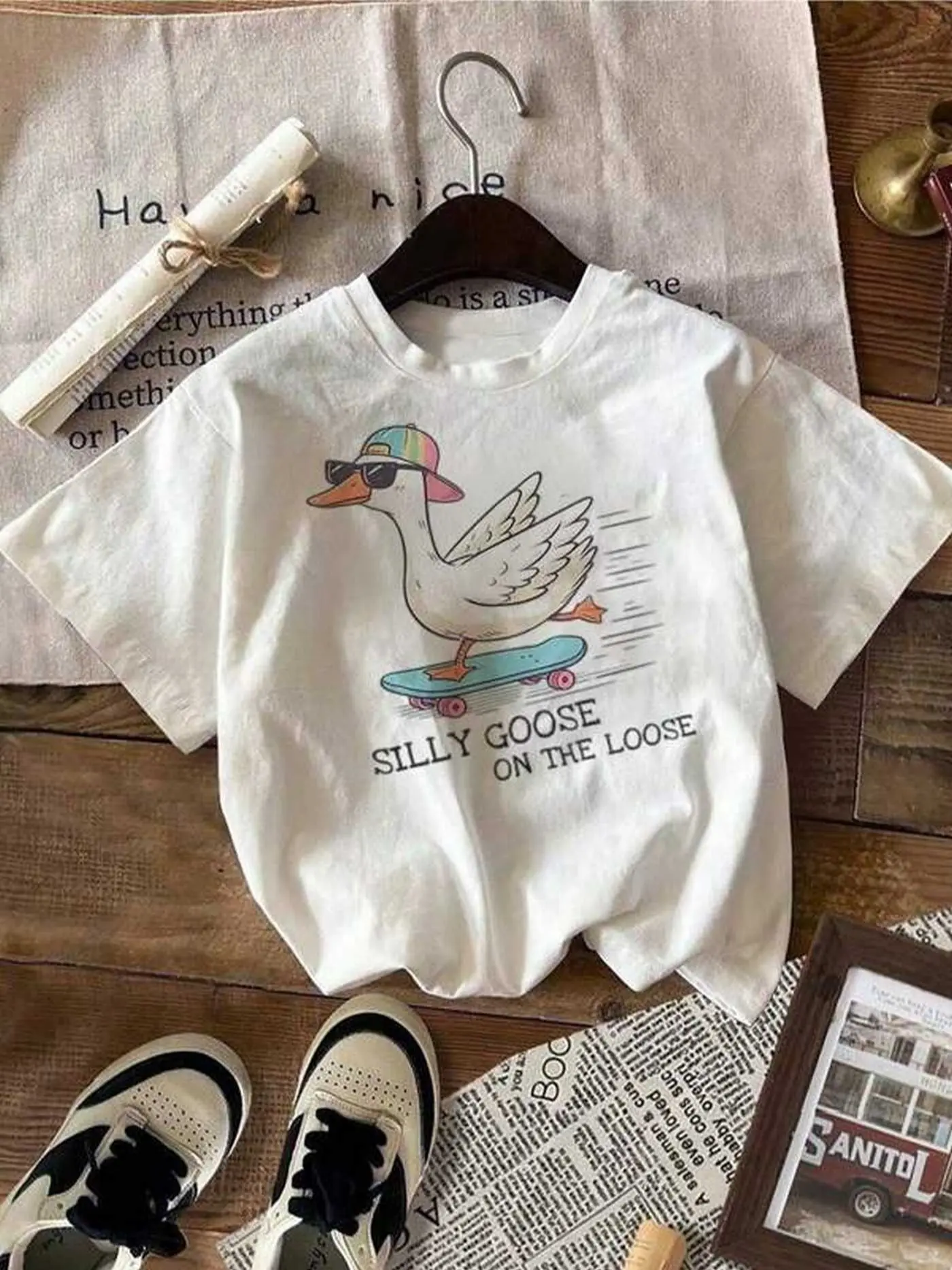 Silly Goose On The Loose Kids T-Shirt Skateboard Duck Short Sleeve Cotton White Toddler Unisex Tee