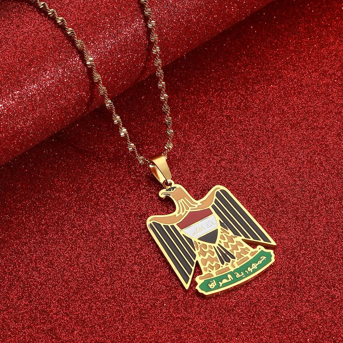 Republic of Iraq Eagle Drop Oil Stainless Steel Pendant Chain Necklace, Unisex National Gift Jewelry Accessory, Chain Necklaces, Heart Pendant, Artificial Zircon, Aesthetic Appeal, Birthday