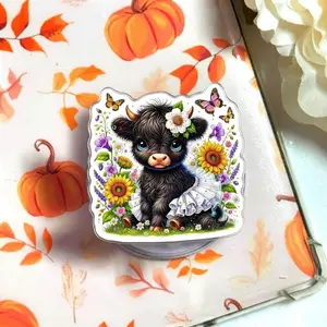 Watercolor Black Highland Cow Magnetic Phone Grip, Aesthetic Floral Black Cow Magsafe Kickstand, Trendy Dark Cottagecore Western Gift for Her
