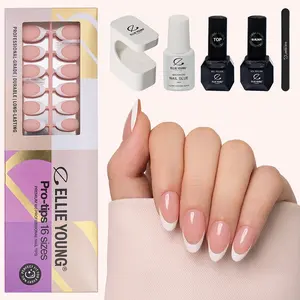 ELLIE YOUNG PRO-TIPS Short Almond White French Tips with Nude Base, 160pc Press-On Nails Kit – 16 Sizes, Matte Gel Acrylic Look, Soft Gel DIY Extensions