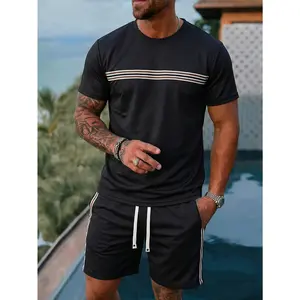 Men's Premium 2-Piece Menswear Striped Clothes Set: Round Neck Shortsleeve T-Shirt (Brown & White Horizontal) and Matching Elastic Waist Shorts (Side, Drawstring), Breathable Lightweight Summer Casual Loungewear