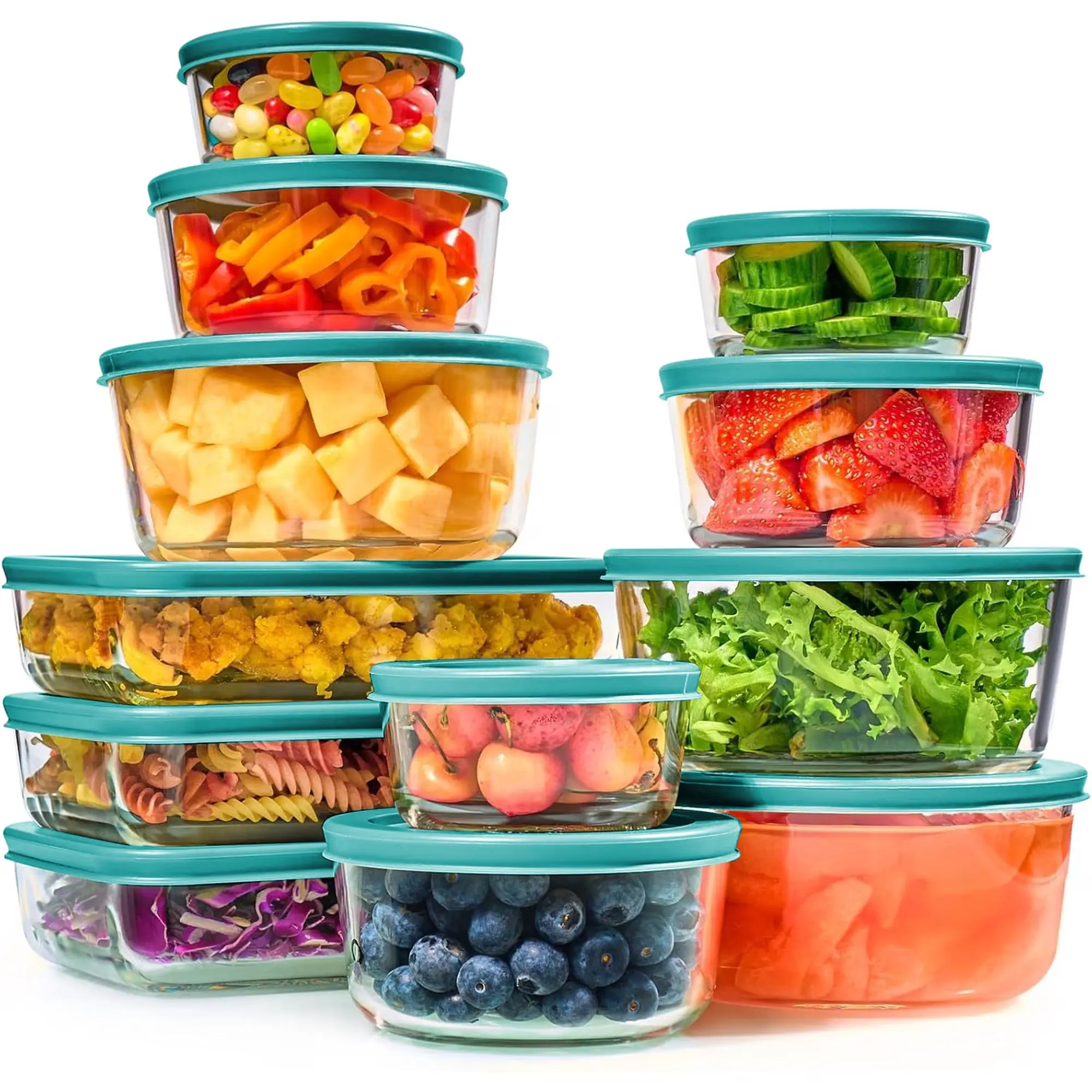 24Pcs Kitchen Glass Food Storage Containers with Leakproof Lids (12 Containers & 12 Lids) - Stackable Airtight Rectangular & Round Meal Prep Lunch Boxes Bowls, Microwave, Freezer, Oven, Dishwasher Safe, Green