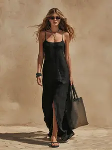 Women's Boho Style Strappy Sleeveless Split Long Dress, Pure Color Lazy Wind Design, Perfect for Vacation & Commute, Full Drape Effect