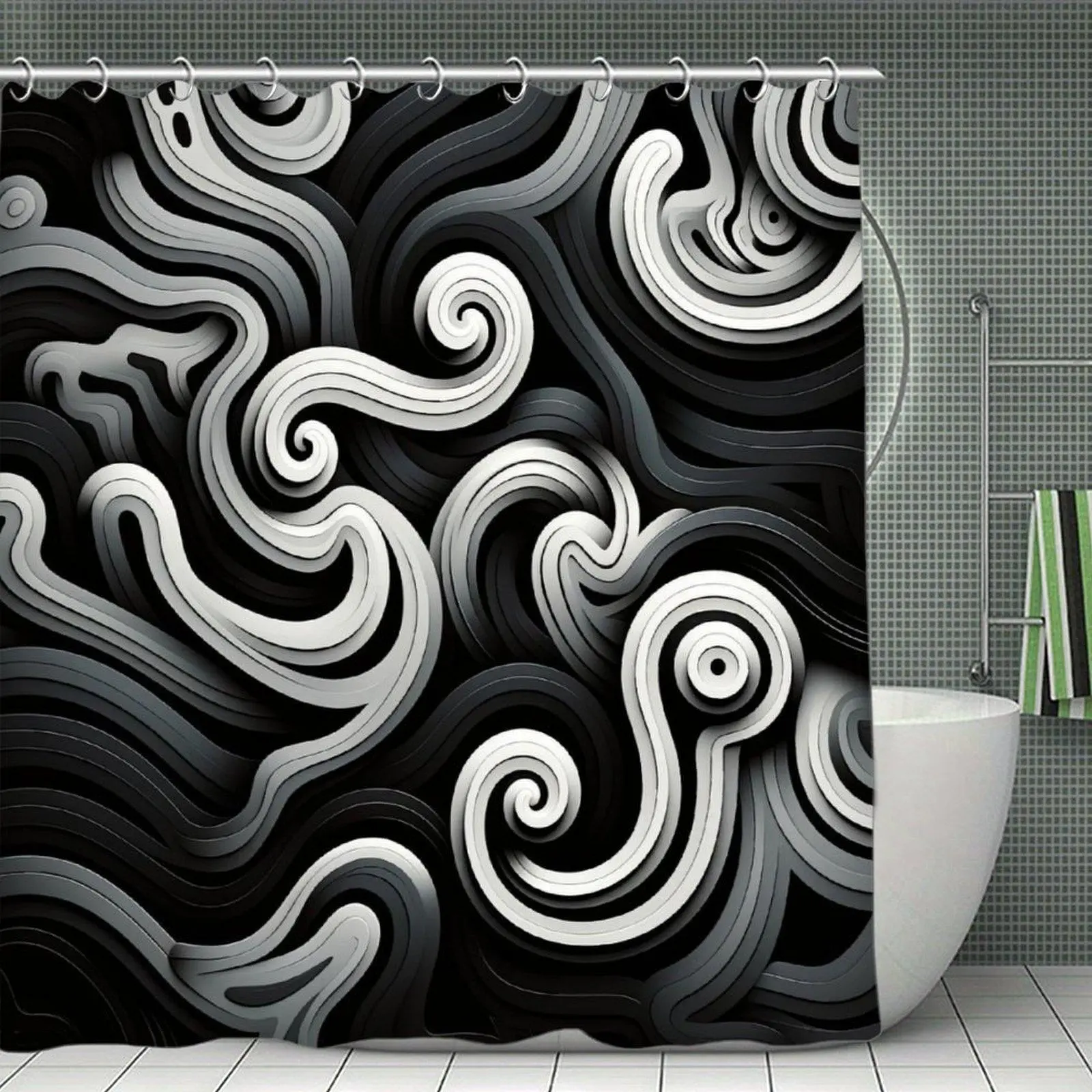 3D Layered Grey Swirl Shower Curtain || Monochrome 3D Paper‑Cut Style Swirl Curve Fabric Shower Curtain, Abstract Geometric Bathroom Curtain