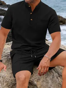 Men's Solid Texture Henley Set, Summer Casual T-Shirt + Drawstring Shorts, Comfortable and Stylish for Daily Wear