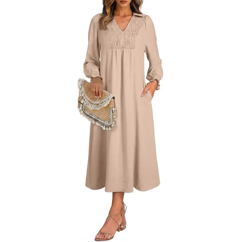 Dokotoo Womens Dresses 2026 Casual Dress V Neck Puff Long Sleeve Empire Waist A-Line Maxi Dress