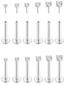 6 Pairs Push in Nose Studs for Women Men Stainless Steel Lip Rings Threadless Tragus Earrings CZ Flat Back Stud Earrings Nostril Labret Conch Cartilage Earrings Helix Medusa Piercing Jewelry  8mm 18G