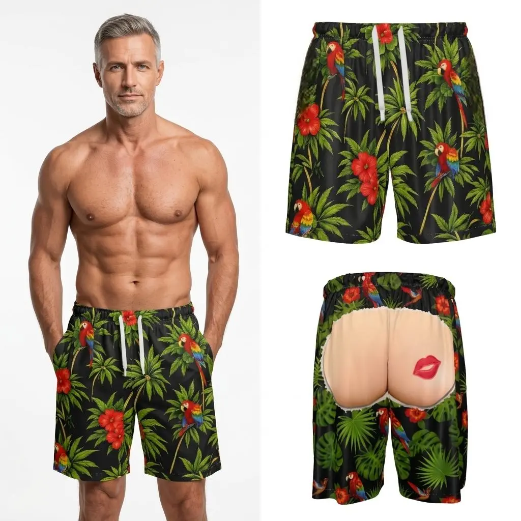 Black Tropical Parrot Hibiscus Funny Butt Lips Print Swim Trunks Men, All Over Print Hawaiian Board Shorts With Side Pockets, Drawstring Elastic Summer Beach Shorts Perfect Holiday Gift Sizes 2XS-6XL