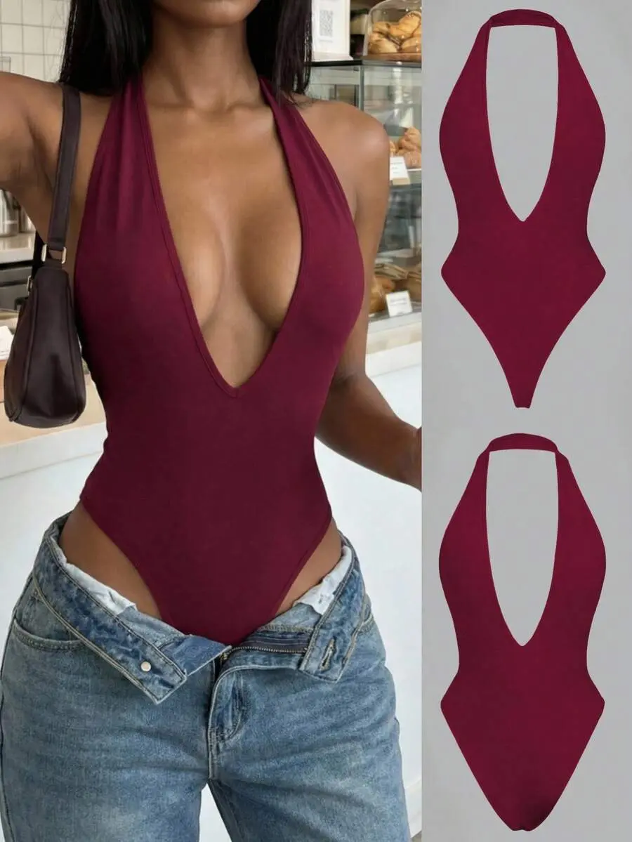 FavEase Black Deep V-Neck Backless Bodysuit, Stretchy, Soft, Comfortable, Fashionable, Casual, Sexy, Suitable For Petite Women, Spring/Summer