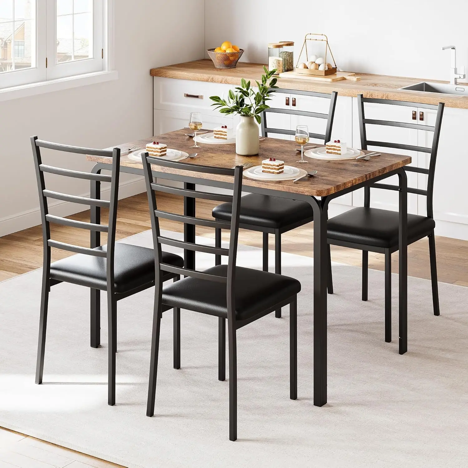 5-Piece Dining Table Set, Sturdy Wooden Square Table and Chair Breakfast Table Set for 4 Person,for Home or Commercial Dining Room,Vintage Brown