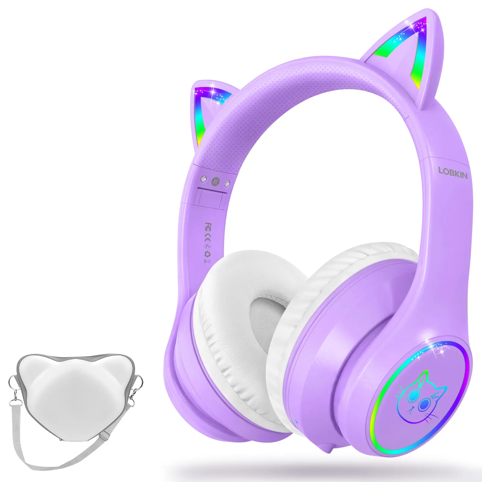 LOBKIN Bluetooth 5.4 Over-Ear Kids Headphone with Case - RGB LED Light-Up Cat Ear Muff Sleeves, Foldable Adjustable Sponge Cushions, 3.5mm Dual-Mode Connection, Noise Reduction, Stable Dual Device Sync, 20kHz Audio, Mobile Compatible Accessory