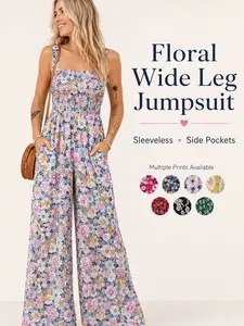 Women’s Floral Wide Leg Jumpsuit, Sleeveless Summer Jumpsuit with Side Pockets, Casual Vacation Outfit, Multiple Prints Available
