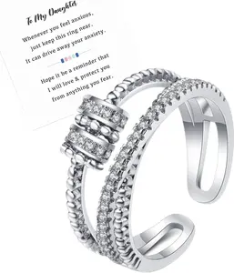 Anxiety Ring, 18K Gold Fidget Ring for Daughter from Mom to My Daughter Cubic Zirconia Adjustable Thumb Stress Anxiety Relief Ring for Women Teens Girls with Beads Spinner Askljeby