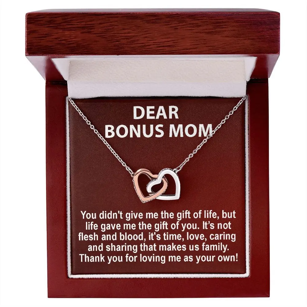 Second Mom Gift, Bonus Mom Necklace, Two Hearts Necklace, Unbiological Mom, Birthday Card, Gift for Stepmom, Foster Mom, Message Jewelry Box