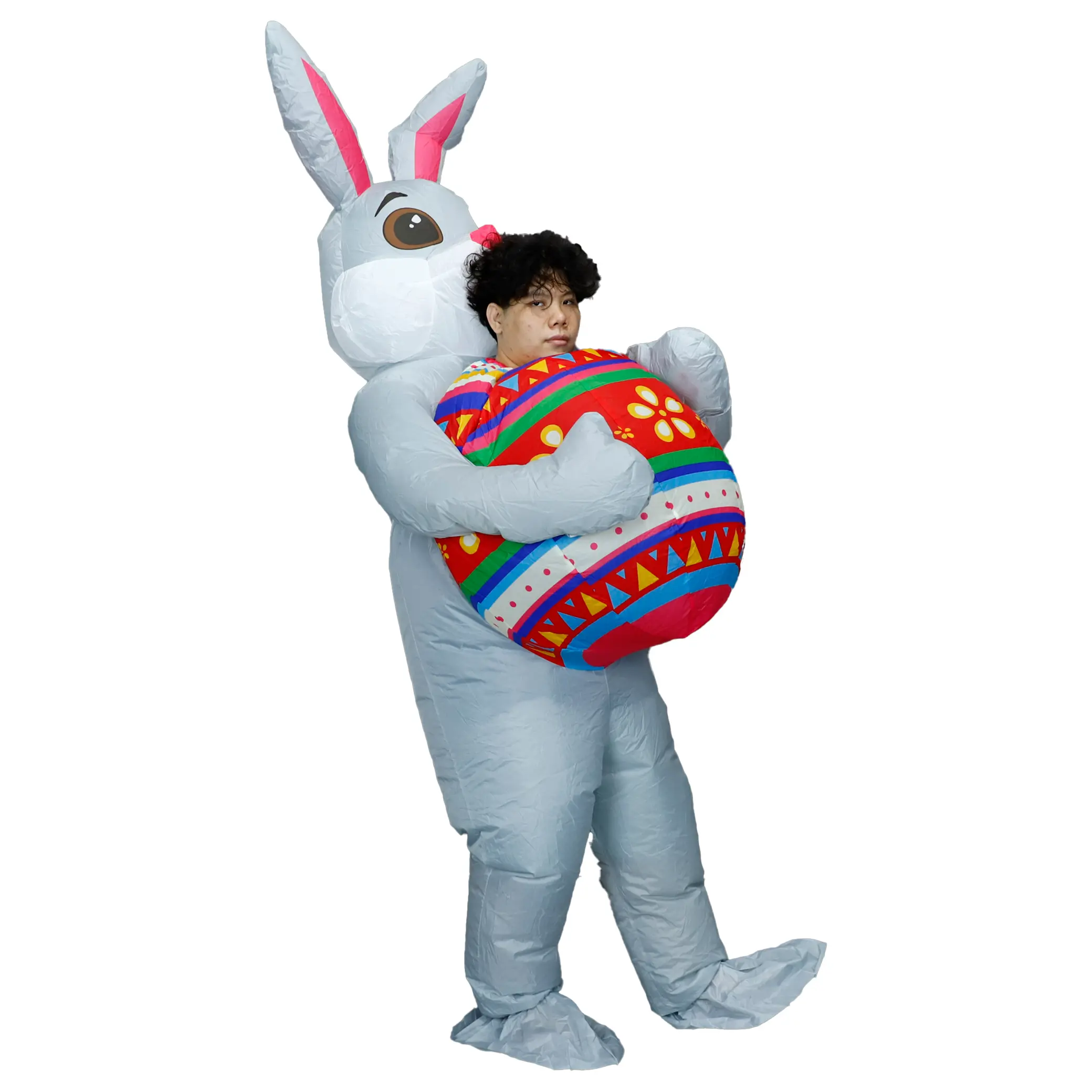 Women's USB-Powered Inflatable Easter Bunny Cartoon Costume Set - School Check Clothes, Funny Mascot Outfit with Colorful Egg Design, Festival Party Cosplay Accessory