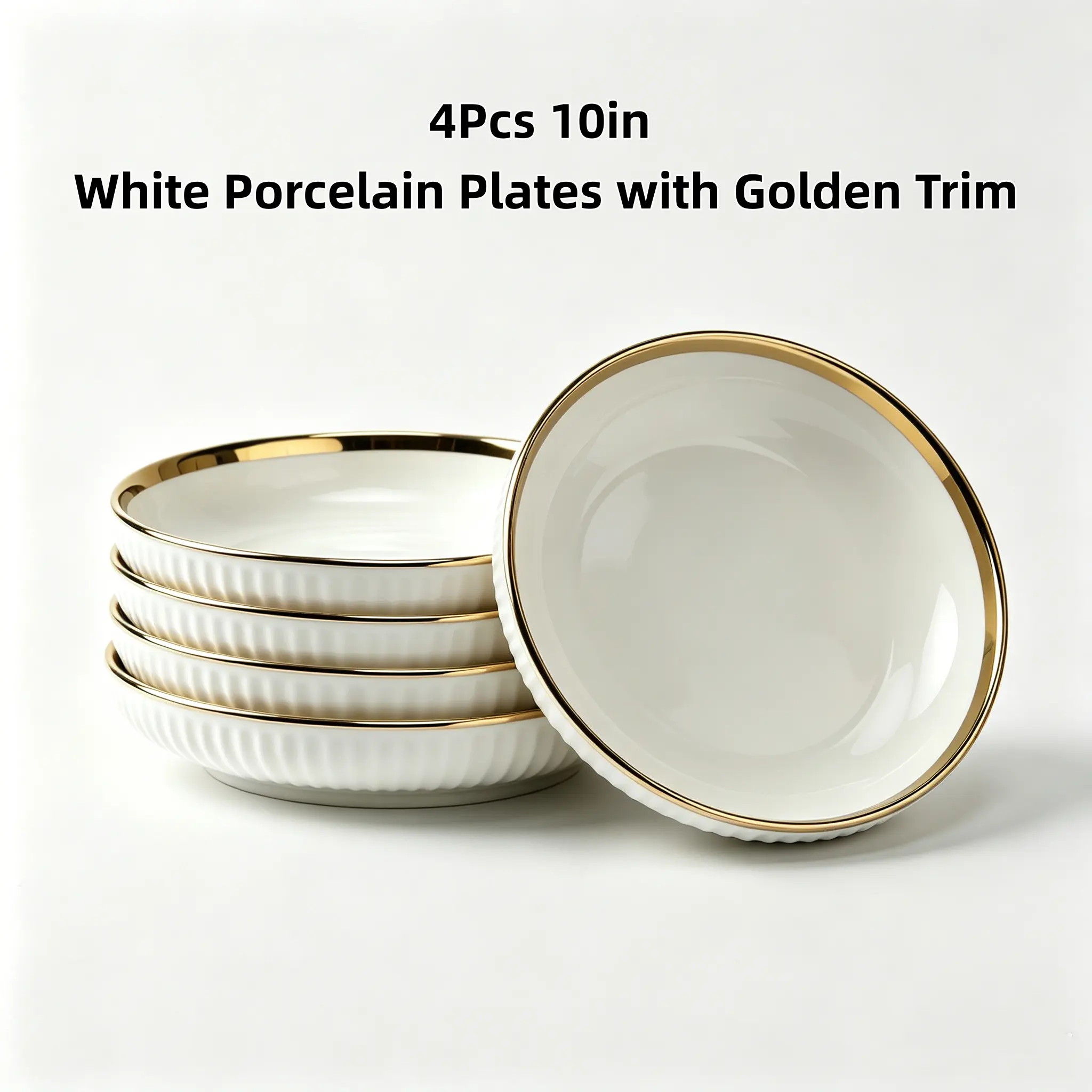 4Pcs Industrial Adult 10-inch Thick Luxury Gold Rim Ceramic Dinner Plate set , Vertical Rib White Porcelain Dishes, Lead-Free, Microwave-Dishwasher-Fridge Safe, Easy Clean, Stackable for Cabinet Storage, Ideal for Steak Pasta Family Meals, Letters