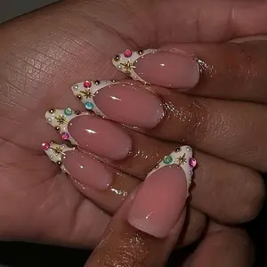 Rhinestone French Tip Press On Nails/Handmade Gel Nails In Medium Almond/Glue On Nails/False Nails/Birthday Wedding Prom Nails/Gift for Her