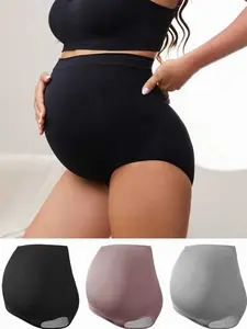 3pcs Nylon Maternity High Waist Panties for Early Mid Late Pregnancy Postpartum Women Adjustable Triangle Underwear Multicolored Plain Style Casual Comfy Belly Support