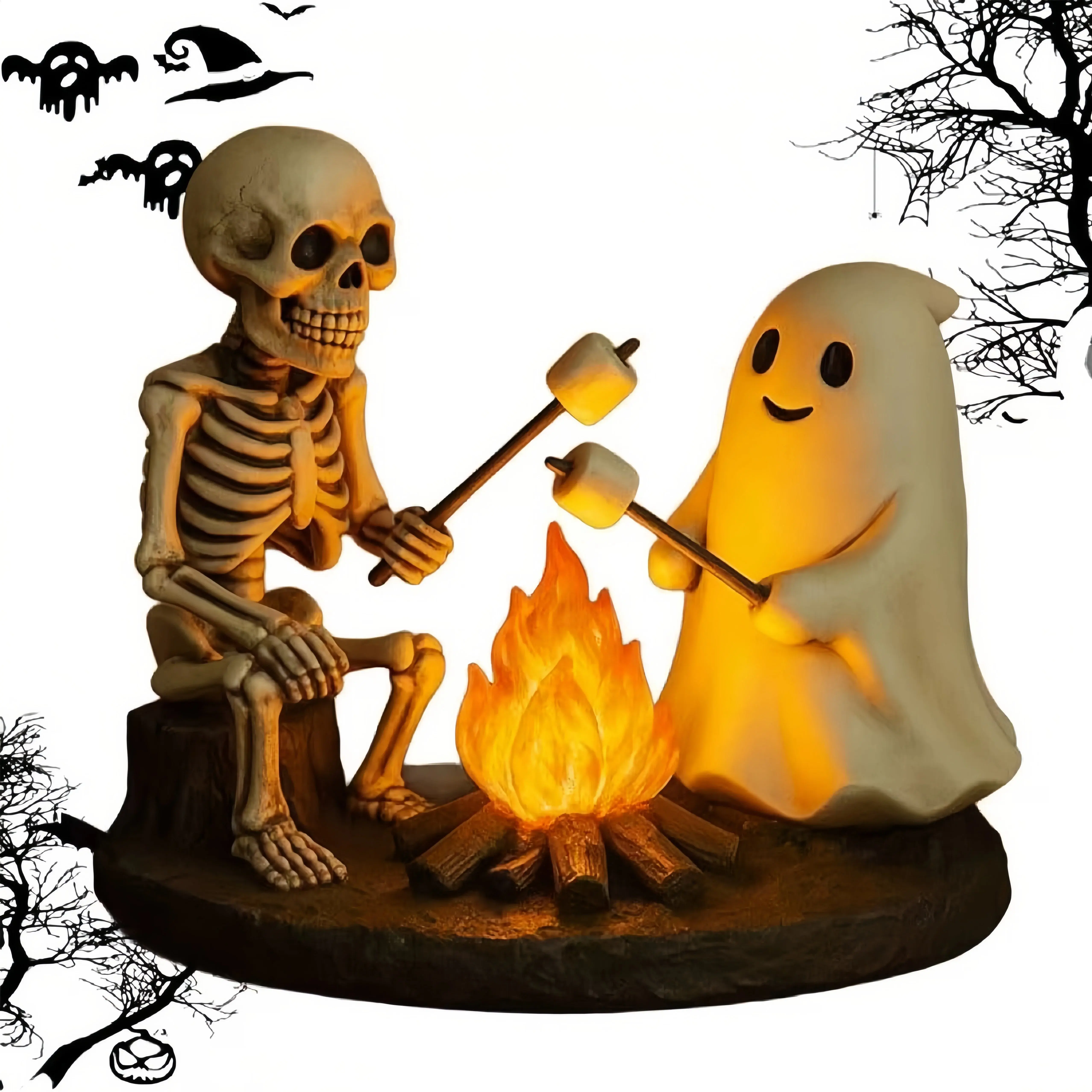 Skeleton and Ghost Bonfire Night Lamp, Roasting S'Mores at Faux Campfire, Halloween Ghost Campfire Flickering Nightlight, Spooky Home Decor, Ambient Lamp Halloween Decoration