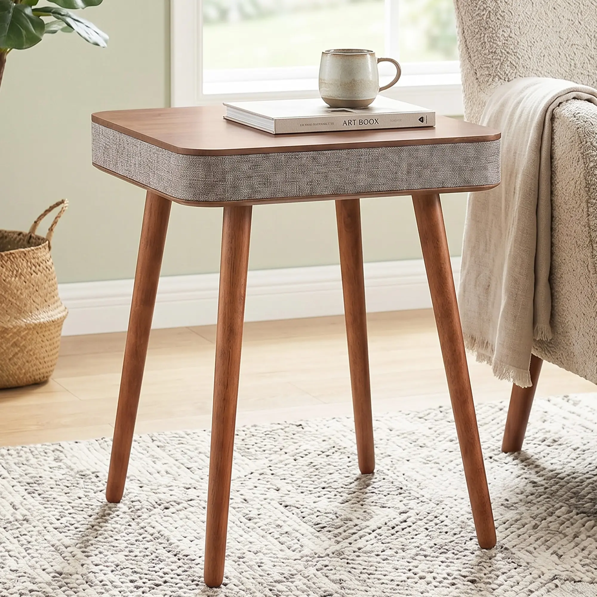 Beige Linen Wood End Table - 19.7 x 17.7 x 23.2 inch Charging Feature End Table with Wireless Charger, Built-in Charging Station & Bluetooth Speaker, Battery-Powered Modern Nightstand for Living Room Bedroom