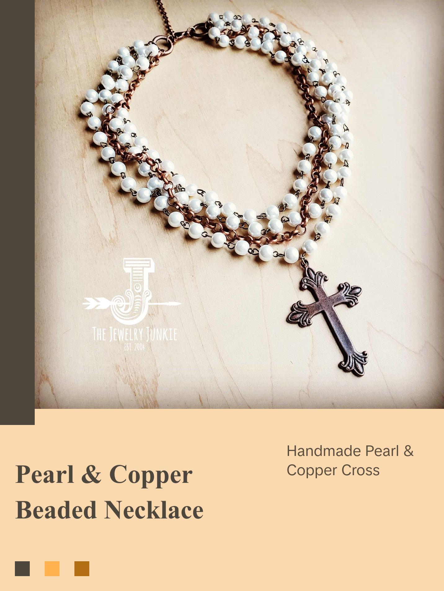 Pearl and Copper Beaded Collar Necklace with Copper Cross 114G