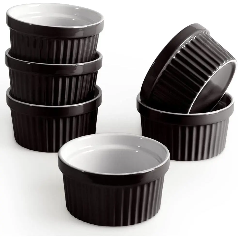 Porcelain Ramekins Set, 240 ml / 8 Fl Ounces Ice Cream Bowl, Creme Brulee Ramekins Souffle Cup for Baking, Set of 6 Black