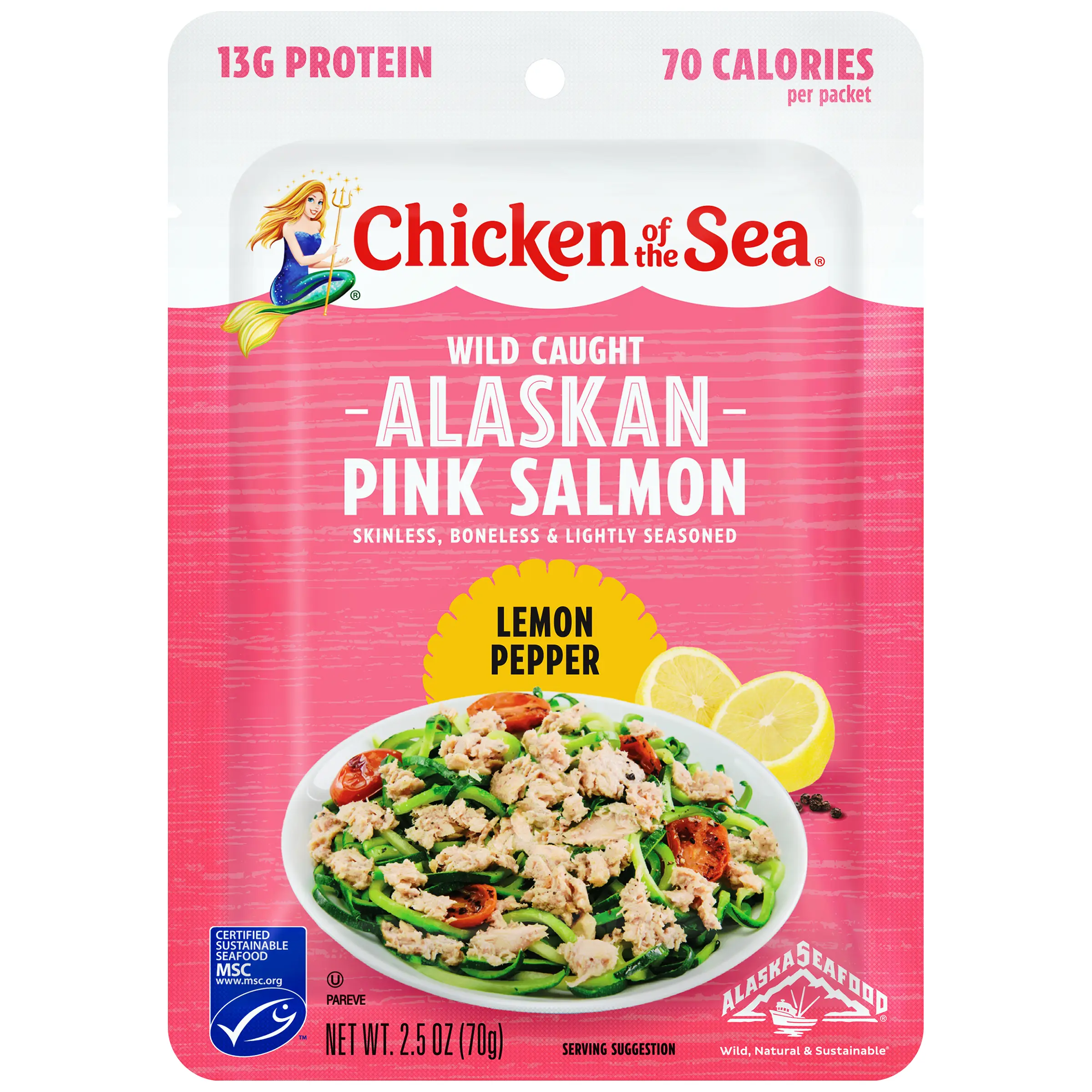 Chicken of the Sea Alaskan Pink Salmon, 2.5 oz. Packets (Pack of 4), Wild Caught Salmon, Lemon Pepper Seasoning