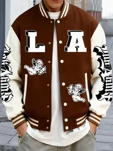 Unisex Street Style Casual Baseball Jacket, Streetwear, Cupid Angel Pattern, Los Angeles Design, Button Closure, Stretchy Fabric, All Season Comfortable Outerwear