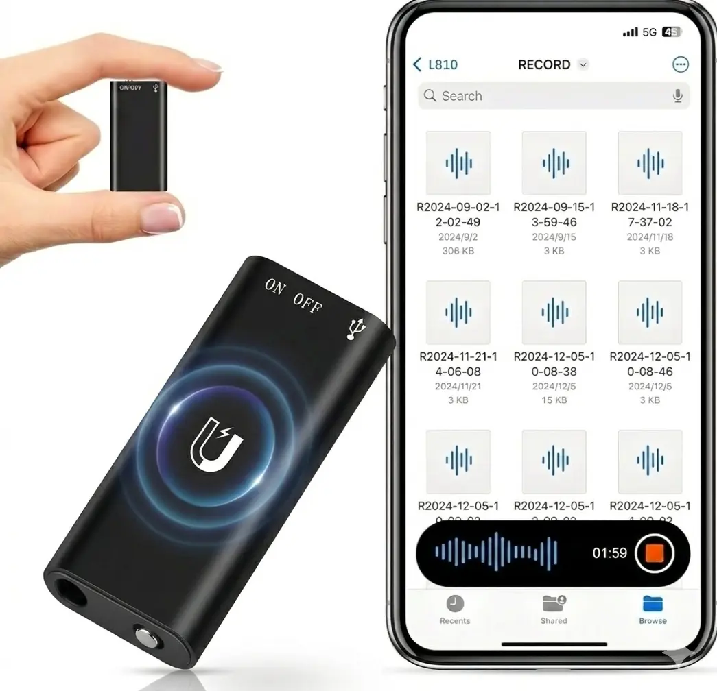 Ultra Magnetic Mini Recorder,Voice Activated,HD Noise Reduction, One-Touch Recording ,Long Battery ,Large Storage , Include OTG Adapter