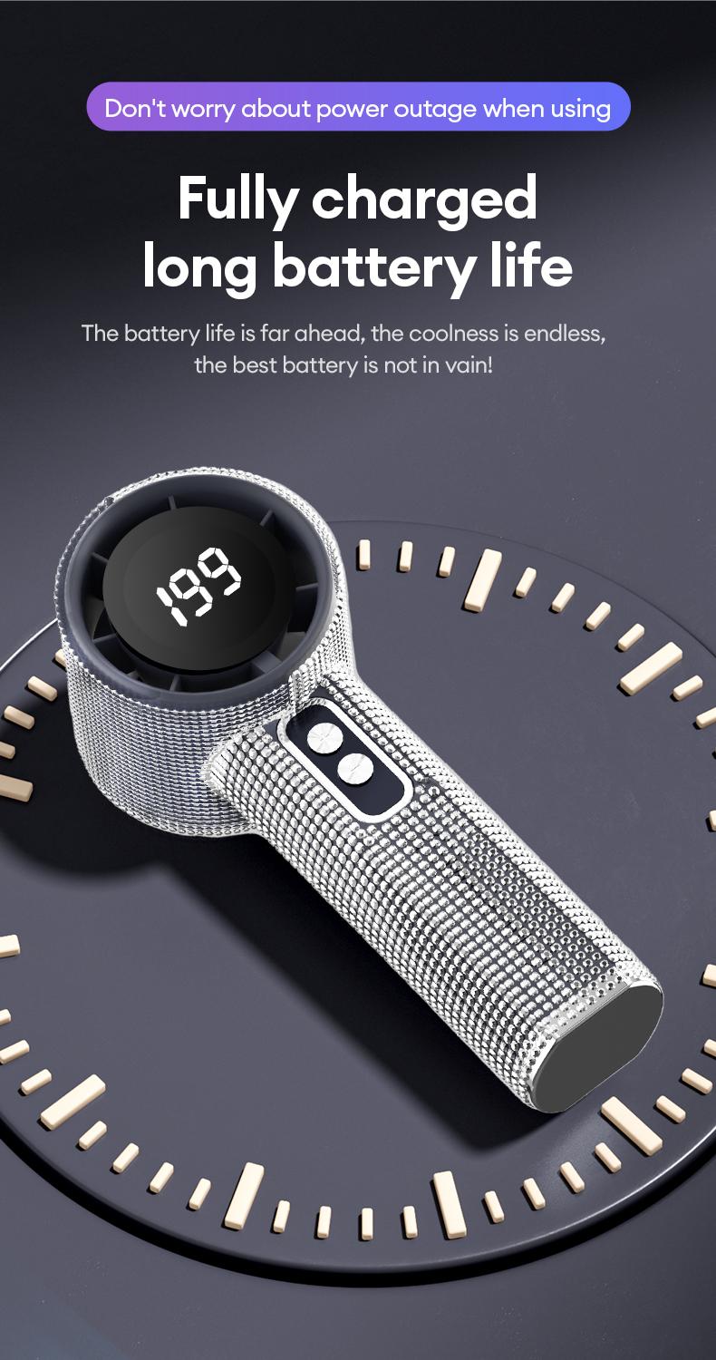 PAXA M15 Full Diamond Luxury Craftsmanship Portable Handheld Fan, 3 Gear Wind, Rechargeable Long Battery Life Hand Fan With Digital Display For Outdoor Activities, Travel, Office, Wonmen's gift