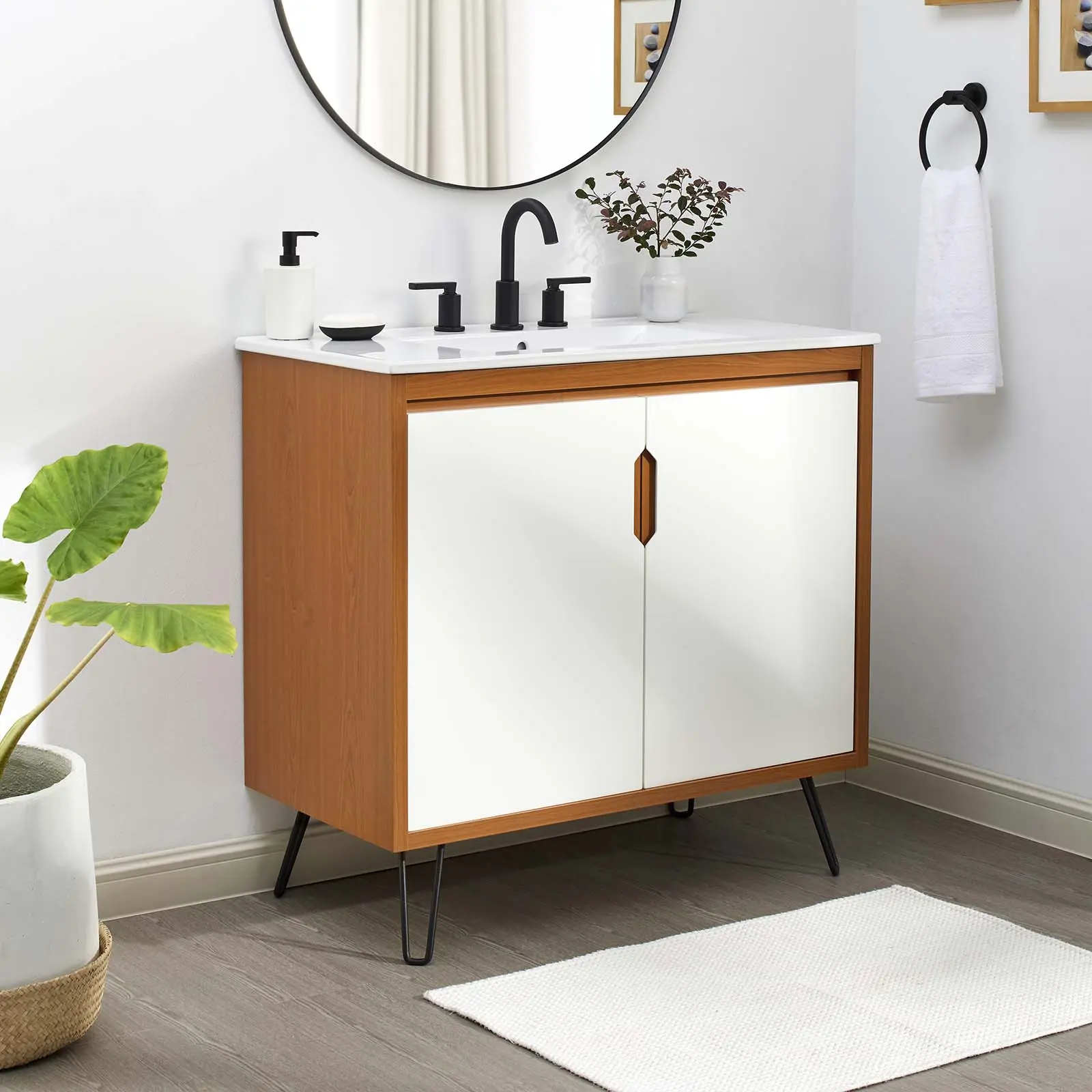 Modway Energize 36" Cherry-White Bathroom Vanity, Modern Fixture Set with Sink Cabinet, Bathroom Sink Cabinet, Modern Bathroom Fixture Sets
