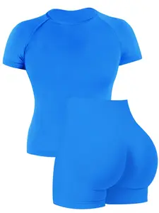 Women's Outdoor Breathable Stretch Yoga Set Casual Quick-Dry Fitness Top & Running Sports Shirt Short-Sleeved Fitness Running Yoga Butt-Lifting Shorts High-Stretch Moisture-Wicking Seamless Short-Sleeved Casual Breathable Sports Set