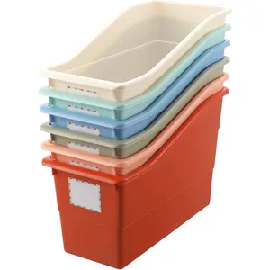 6 Pcs Book Storage Bins with Labels Plastic Boho Folder Magazine File Holder Interlocking for Office Classroom Home Book Organizer Container (Classic Colors)