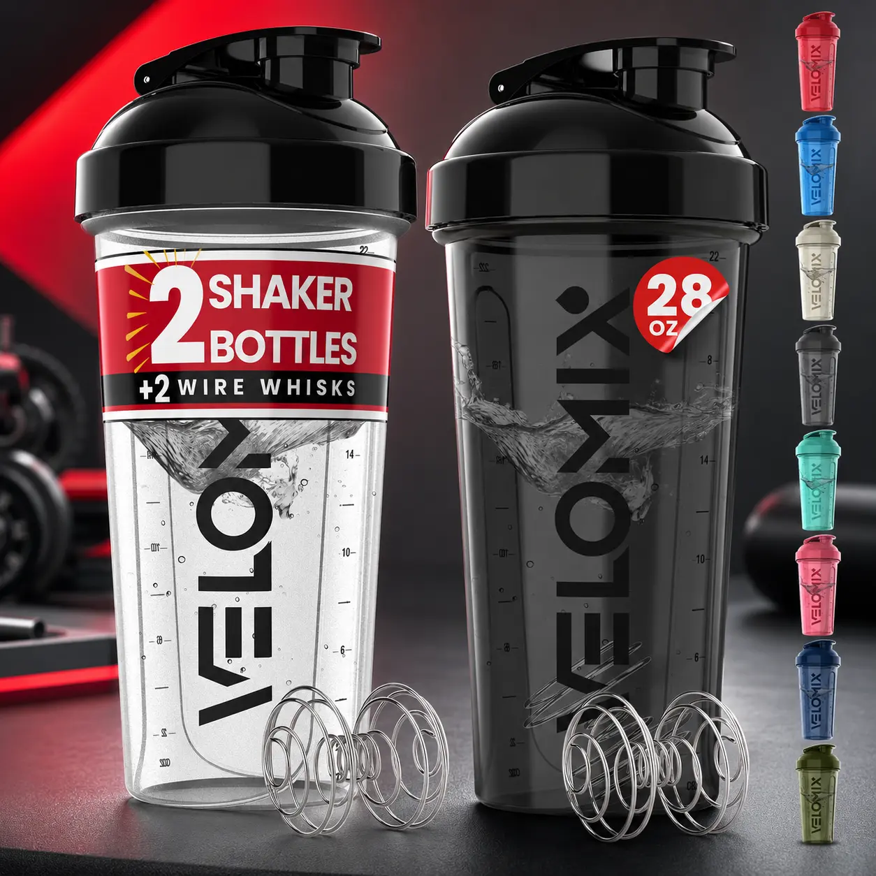 VELOMIX 2-Pack 28 oz Leak-Proof Protein Shaker Bottles with 2x Wire Whisks for Protein Mixes (Black/Transparent)