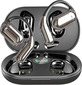 Wireless Bone Conduction Headphones with Built-in Microphone, Comfortable Ear Hook, LED Display Charging Case, Suitable for Running and Fitness Digital Magnetic Headset Black