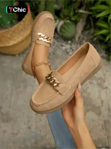 Women's new plus-size round-toe flat shoes with metal buckle decoration, stylish and simple casual shoes for daily commuting and outdoor wear