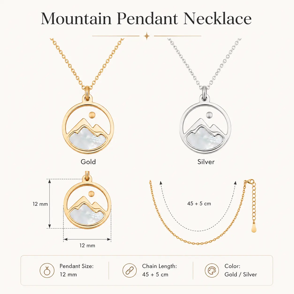 Women's Elegant Silver Lightweight Mountain Motif Pendant Necklace - Natural Mother-of-Pearl Inlay Circular Emblem, Adjustable Chain, Layered Statement Jewelry for Daily Wear, Gold, Female, Chain Jewelry Necklaces, Layered Statement Necklaces