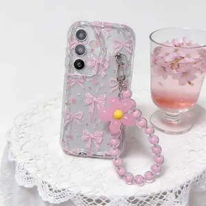 Transparent Shell With Pink Bow Pattern+Flower Bead Hanging Chain Protective Phone Case For Samsung Galaxy M14 A02S A26 A36 A54 A14 A15 A16 A35 A25 A04S A04E A05S A05 A52 A50 A50S A30S A12 A03S A03 A52S A32 A72 A51 A53 Back Cover