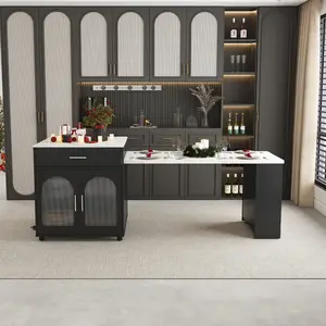 80 Inch Expandable Kitchen Island with Dining Table, Marble Grain Countertop Kitchen Prep Table with Built-in Power Outlet, Mobile Storage Cart with Cabinet & 2 Drawers for Home Kitchen Use