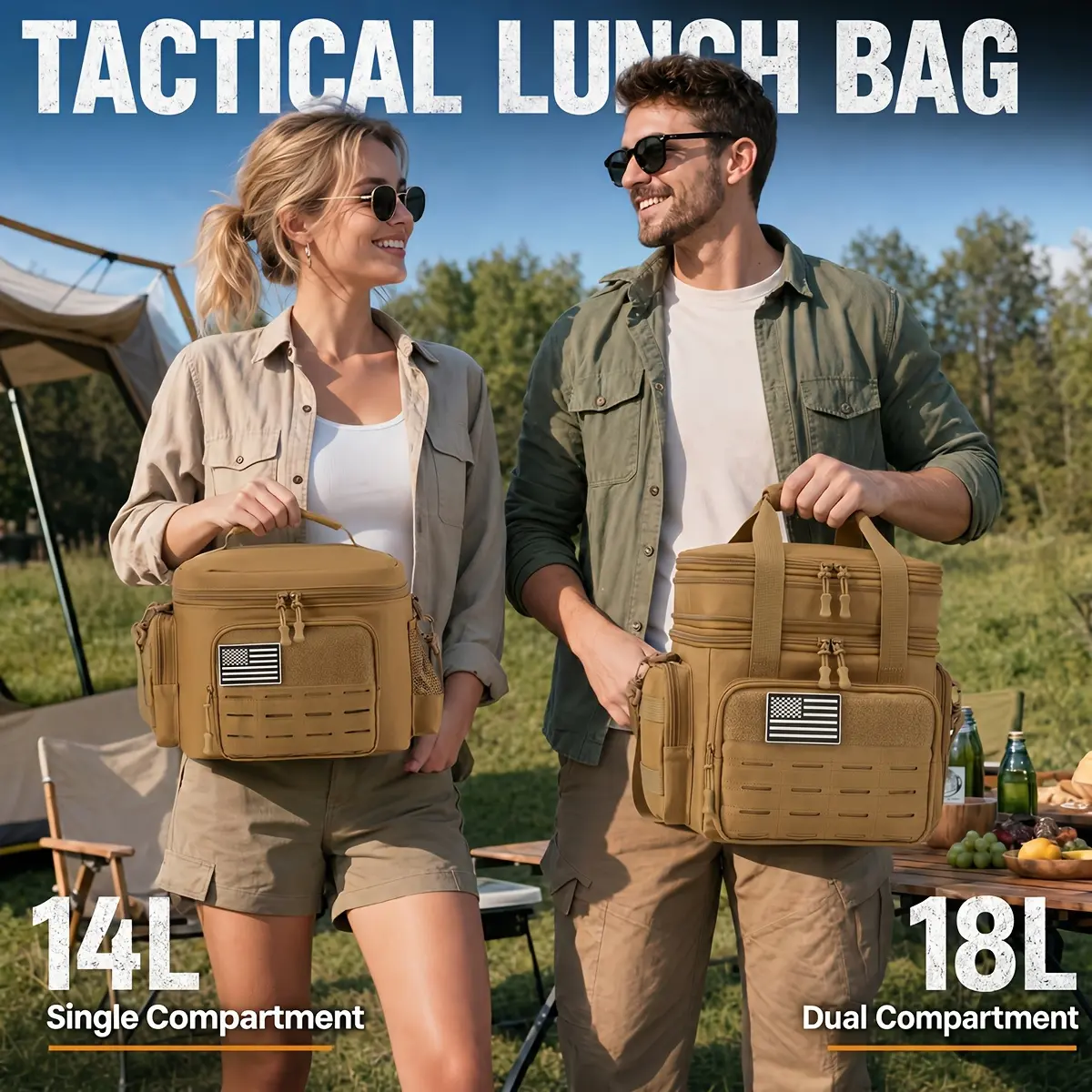 3.7gal/4.76gal Tactical Insulated Cooler, an Expandable And Durable Lunch Box, Designed to Be Leakproof for Hunting, Work, Camping, Outdoor Picnics, And Adult Meals, Featuring MOLLE Webbing, Green, Khaki