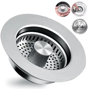 3 in1 Kitchen Sink Drain Strainer & Sink Stopper, Pop Up Stainless Steel Kitchen Drain Plug & Cover with Anti-Clogging Basket Strainer, Fit US Standard 3-1/2'' Drain Hole