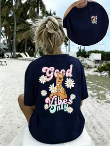 Women's Double-Sided Print Round Neck T-Shirt, Scooby-Doo Laughing Flower Pattern, Casual Retro Loose Cartoon Top, Daily Wear