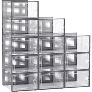 Kuject Large Shoe Organizers Storage Boxes for Closet, 12 Pack Clear Plastic Stackable Storage Bins with Lids, Under Bed Shoe Containers for Entryway, Drop Front, Fit up to Women's Size 10,Dark Gray