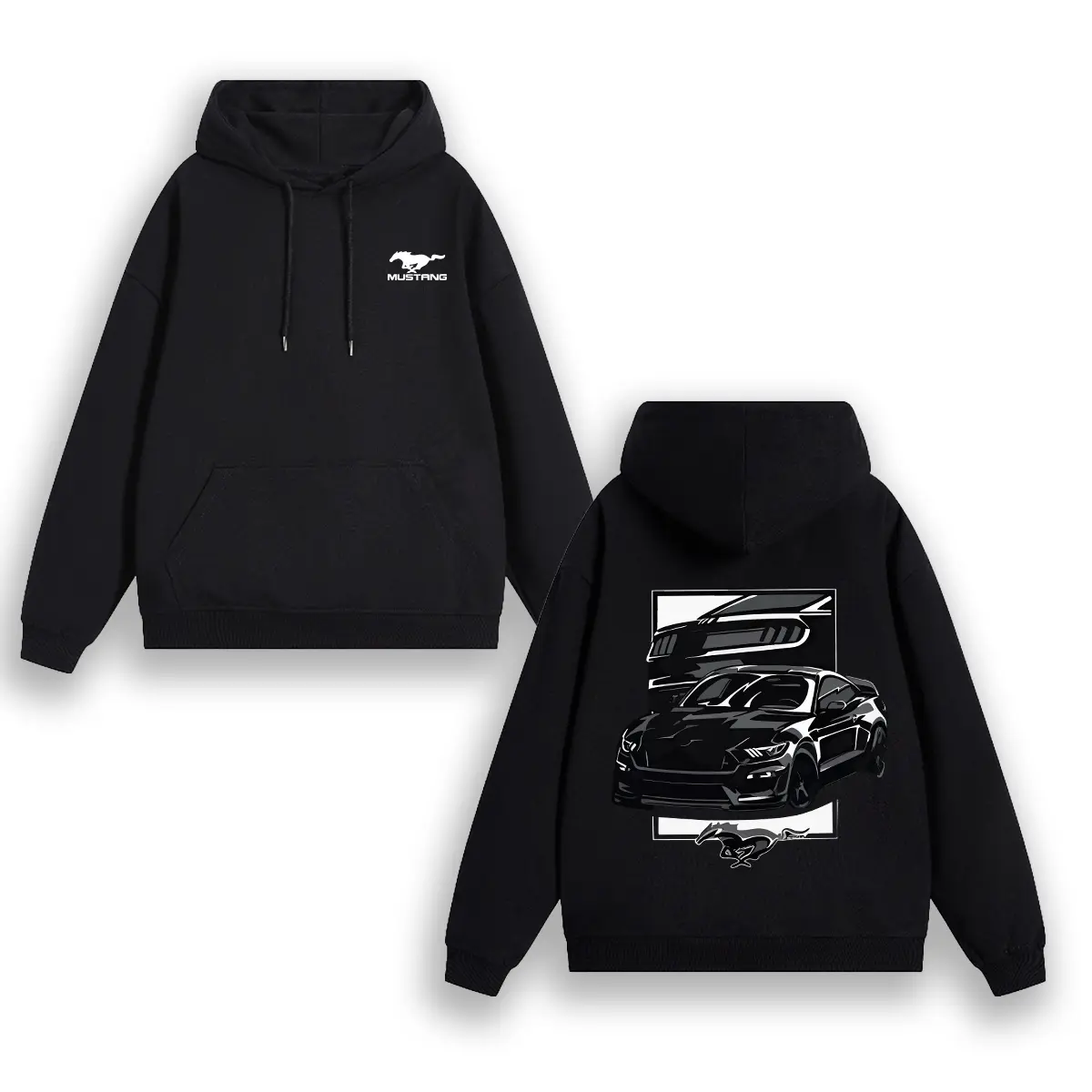 Men's Mustang GT Side Design Black Hoodie - Car Graphic, Logo, Long-Sleeve Casual Menswear Top, Comfortable, Monochrome, Cozy, Decorated, Comfortable Men's Hoodies, Monochrome Men's Hoodies