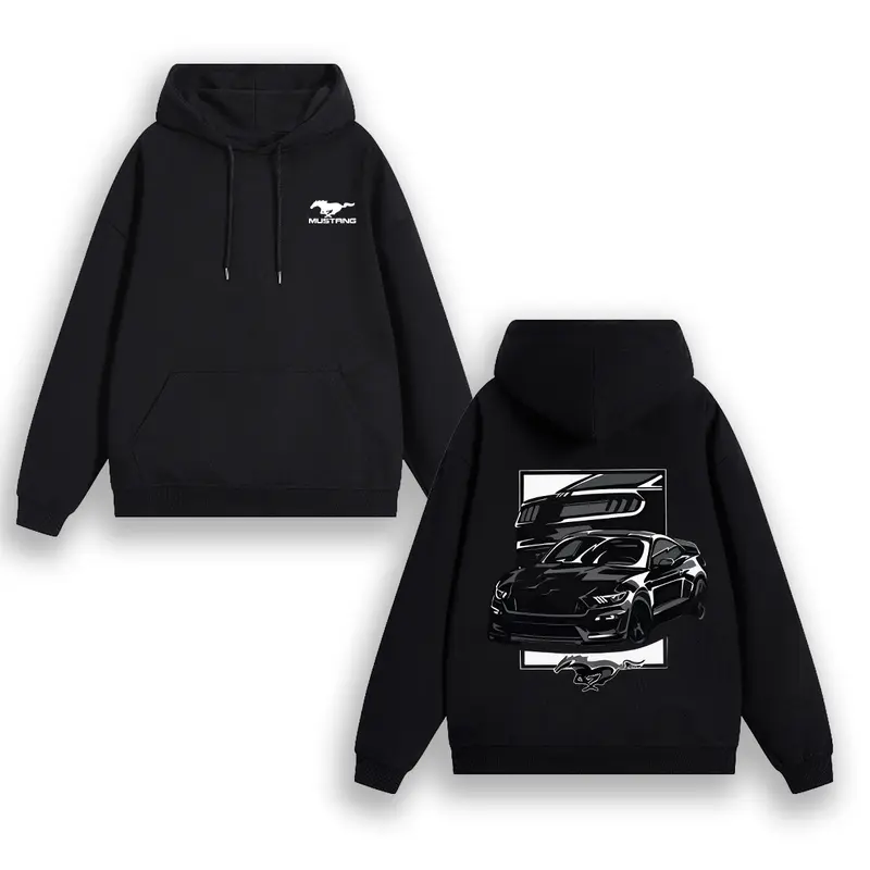 Men's Mustang GT Side Design Black Hoodie - Car Graphic, Logo, Long-Sleeve Casual Streetwear Top, Comfortable, Monochrome, Cozy, Decorated Menswear Hoodie