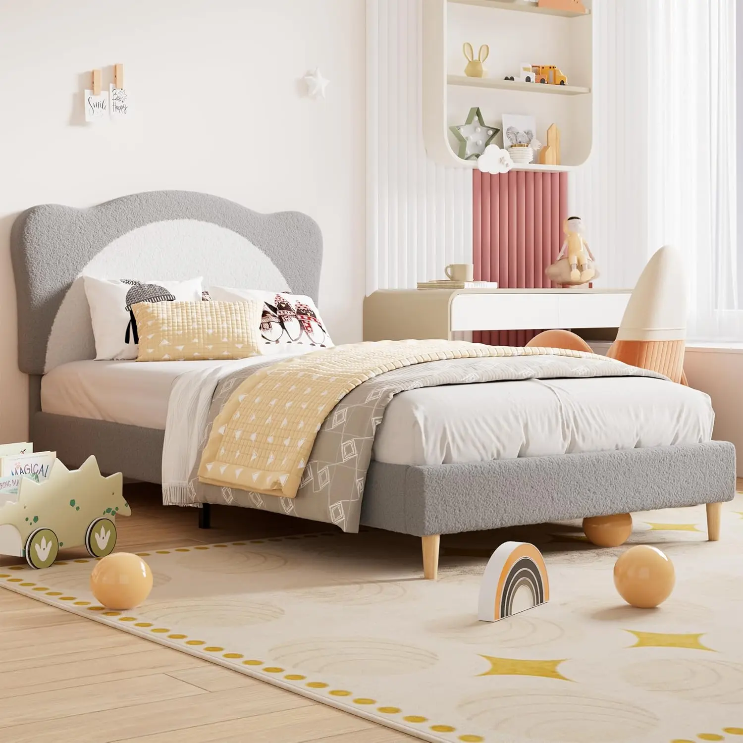 Gaomon Twin Princess Platform Bed for Girls, Velvet Fabric Upholstered Headboard with Adjustable Scallop, Solid Wood Slats Support, No Box Spring Needed, Gray-White Finish