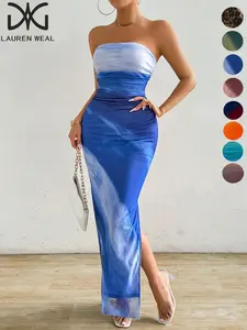 Sexy Sheer Mesh Bodycon Dress, Gradient Ruched Design, Strapless Backless Long Dress, Tight-Fitting Formal Evening Gown for Women