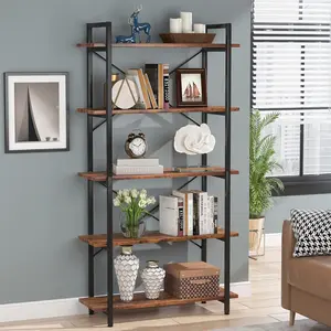 LITTLE TREE 5 Tier Bookshelf, Industrial Etagere Bookcase with Metal Frame, Rustic Tall Book Shelf Unit for Living Room, Study, Home Office