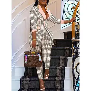 Two-PieceSetWomen'sHoundstoothPrintBlazer&SkinnyPants,ElegantFashionCasualComfyforDailyOutdoorWear,LadiesClothesforAllSeasons